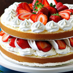**

A beautifully layered sponge cake with homemade whipped cream frosting. Slices of fresh strawberries are visible between the layers and on top as decoration. Consider a light and airy feel with bright lighting, emphasizing the deliciousness and freshness.

**