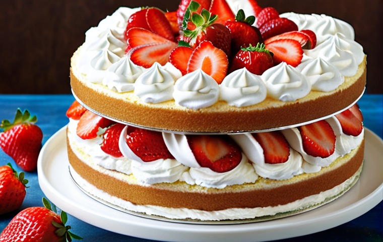 **

A beautifully layered sponge cake with homemade whipped cream frosting. Slices of fresh strawberries are visible between the layers and on top as decoration. Consider a light and airy feel with bright lighting, emphasizing the deliciousness and freshness.

**