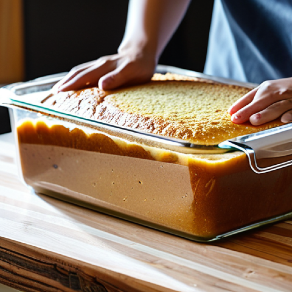A perfectly baked, golden-brown sponge cake (bizcocho) resting on a rustic wooden cutting board in a sunlit, clean home kitchen. Gentle, well-formed hands are meticulously wrapping a portion of the completely cooled cake in clear plastic film, ensuring an airtight seal to preserve its freshness. In the background, a large glass airtight container waits on a smooth countertop, ready for storage. The scene emphasizes careful preservation techniques and the wholesome goodness of homemade baking, with soft, natural lighting highlighting textures.
