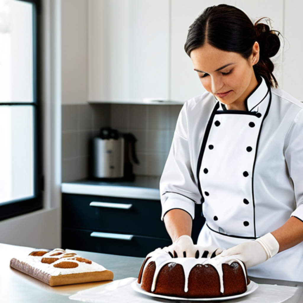 A professional baker, fully clothed in a clean, modest chef's uniform with a white jacket and black apron, meticulously wrapping a cooled, freshly baked bundt cake with clear plastic film. The setting is a pristine, well-lit professional kitchen with stainless steel counters and neatly organized baking tools in the background. The baker's hands are precise and well-formed, demonstrating care in preservation. Professional photography, high detail, natural lighting, perfect anatomy, correct proportions, natural pose, well-formed hands, proper finger count, natural body proportions, safe for work, appropriate content, fully clothed, professional dress.