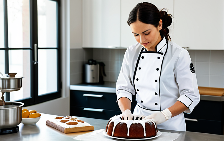 A professional baker, fully clothed in a clean, modest chef's uniform with a white jacket and black apron, meticulously wrapping a cooled, freshly baked bundt cake with clear plastic film. The setting is a pristine, well-lit professional kitchen with stainless steel counters and neatly organized baking tools in the background. The baker's hands are precise and well-formed, demonstrating care in preservation. Professional photography, high detail, natural lighting, perfect anatomy, correct proportions, natural pose, well-formed hands, proper finger count, natural body proportions, safe for work, appropriate content, fully clothed, professional dress.