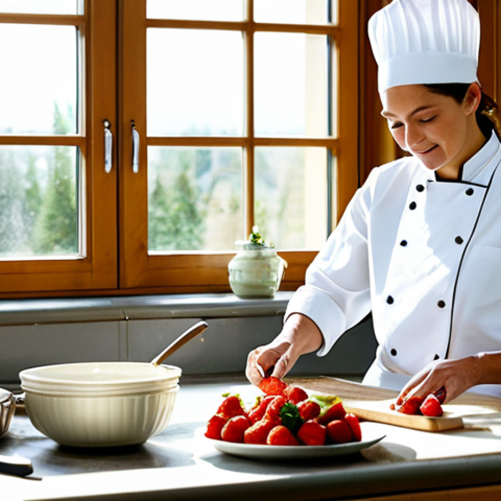 **

"A professional chef, female, in a clean and bright cocina, wearing a traditional, fully clothed chef's uniform, preparing fresh strawberries for marmalade. Jars and cooking utensils are neatly arranged. Sunlight streams through a window. Safe for work, appropriate content, modest, family-friendly, perfect anatomy, correct proportions, natural pose, professional photography, high quality."

**