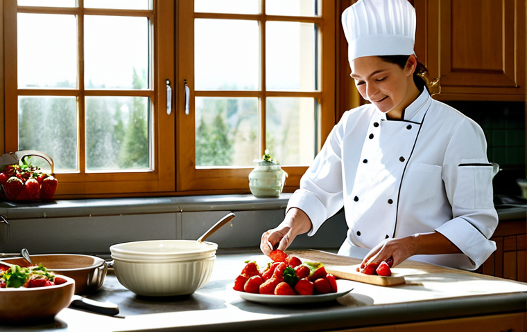 **

"A professional chef, female, in a clean and bright cocina, wearing a traditional, fully clothed chef's uniform, preparing fresh strawberries for marmalade. Jars and cooking utensils are neatly arranged. Sunlight streams through a window. Safe for work, appropriate content, modest, family-friendly, perfect anatomy, correct proportions, natural pose, professional photography, high quality."

**