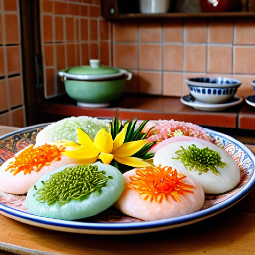 Colorful Tteok Presentation**

"A vibrant assortment of *tteok* (Korean rice cakes) arranged on a Talavera-style ceramic plate, safe for work, appropriate content. The *tteok* are pastel-colored - shades of light pink, pale green, and creamy white, fully clothed. Some are decorated with edible flowers, while others are sprinkled with sesame seeds. Background: A sun-drenched kitchen in a traditional Spanish *casa*, featuring terracotta tiles and hand-painted cabinets. professional photography, high quality, perfect anatomy, natural proportions, professional."

**