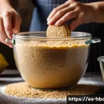 홈베이킹 유기농 재료 사용법 - A rustic kitchen scene featuring a baker preparing an organic whole wheat cake batter. The image sho...