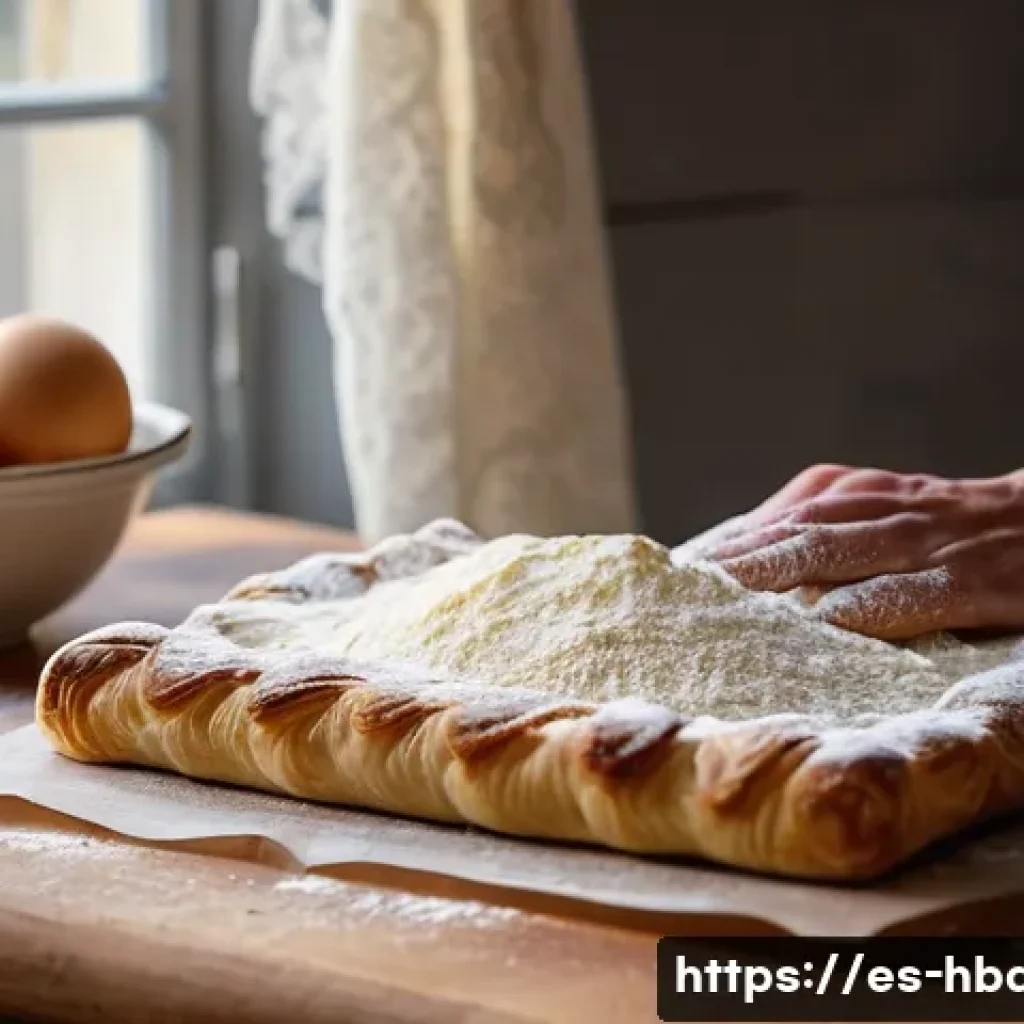 홈베이킹 프랑스 베이킹 기법 - A cozy French kitchen scene featuring a baker preparing classic puff pastry dough on a wooden counte...