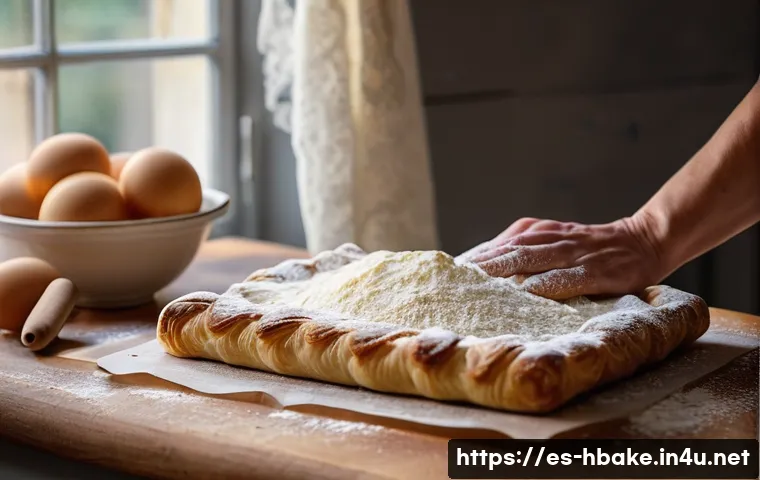 홈베이킹 프랑스 베이킹 기법 - A cozy French kitchen scene featuring a baker preparing classic puff pastry dough on a wooden counte...