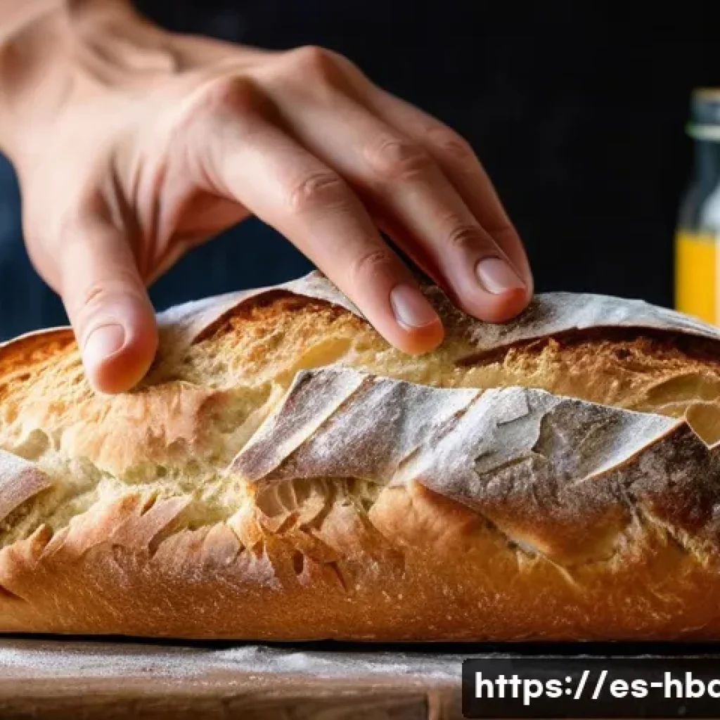 홈베이킹 빵 식감 차이 만드는 요소 - A rustic artisan bakery scene featuring a close-up of a freshly baked ciabatta loaf with a highly op...