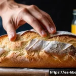 홈베이킹 빵 식감 차이 만드는 요소 - A rustic artisan bakery scene featuring a close-up of a freshly baked ciabatta loaf with a highly op...