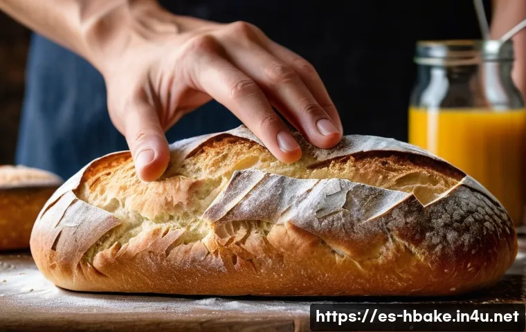 홈베이킹 빵 식감 차이 만드는 요소 - A rustic artisan bakery scene featuring a close-up of a freshly baked ciabatta loaf with a highly op...