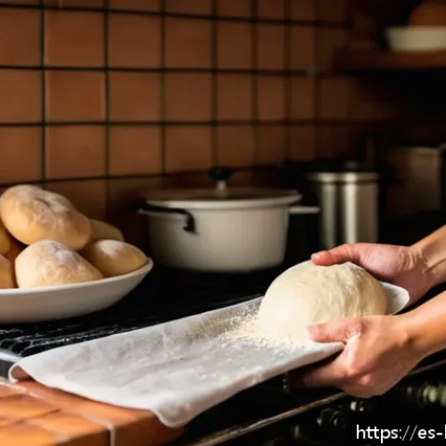 홈베이킹 도넛 반죽 숙성법 - A warm, cozy kitchen scene showing a baker’s hands gently covering a bowl of dough with a damp cloth...